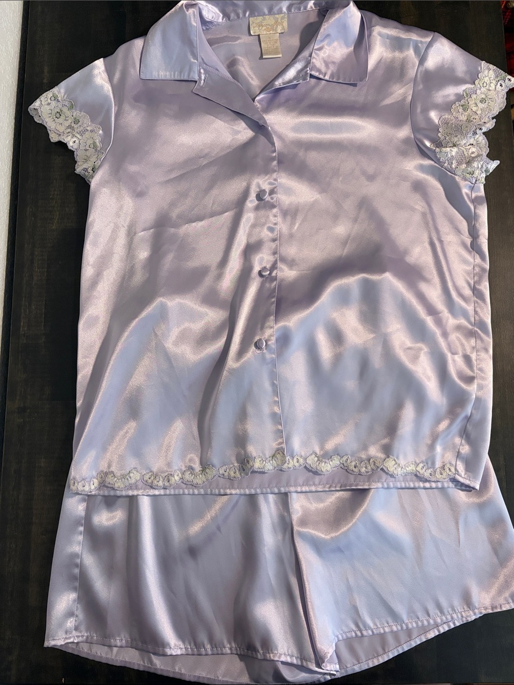 Vintage 80s Sears Inner Mist Lavender Satin Pajama Set Lace Trim Size Small